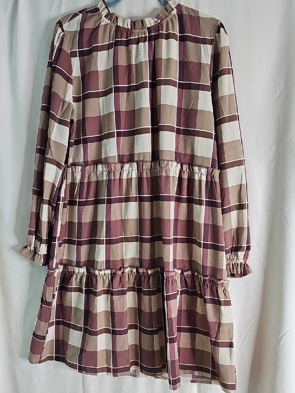 LuLaRoe Plum, Cream & Tan Plaid Tiered Dress